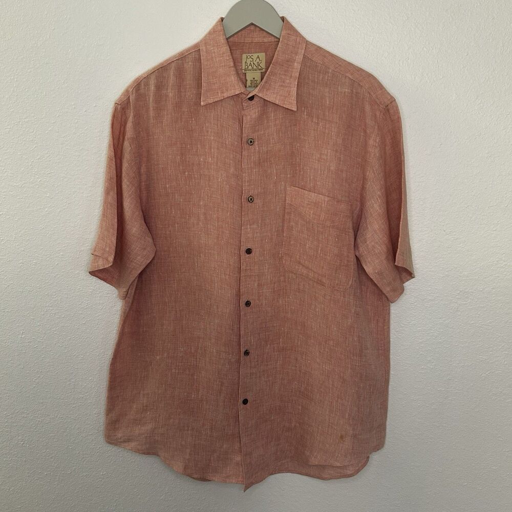 Jos. A. Bank Men's Linen Short Sleeve Peach Orange Wooden Buttons‎ Size M